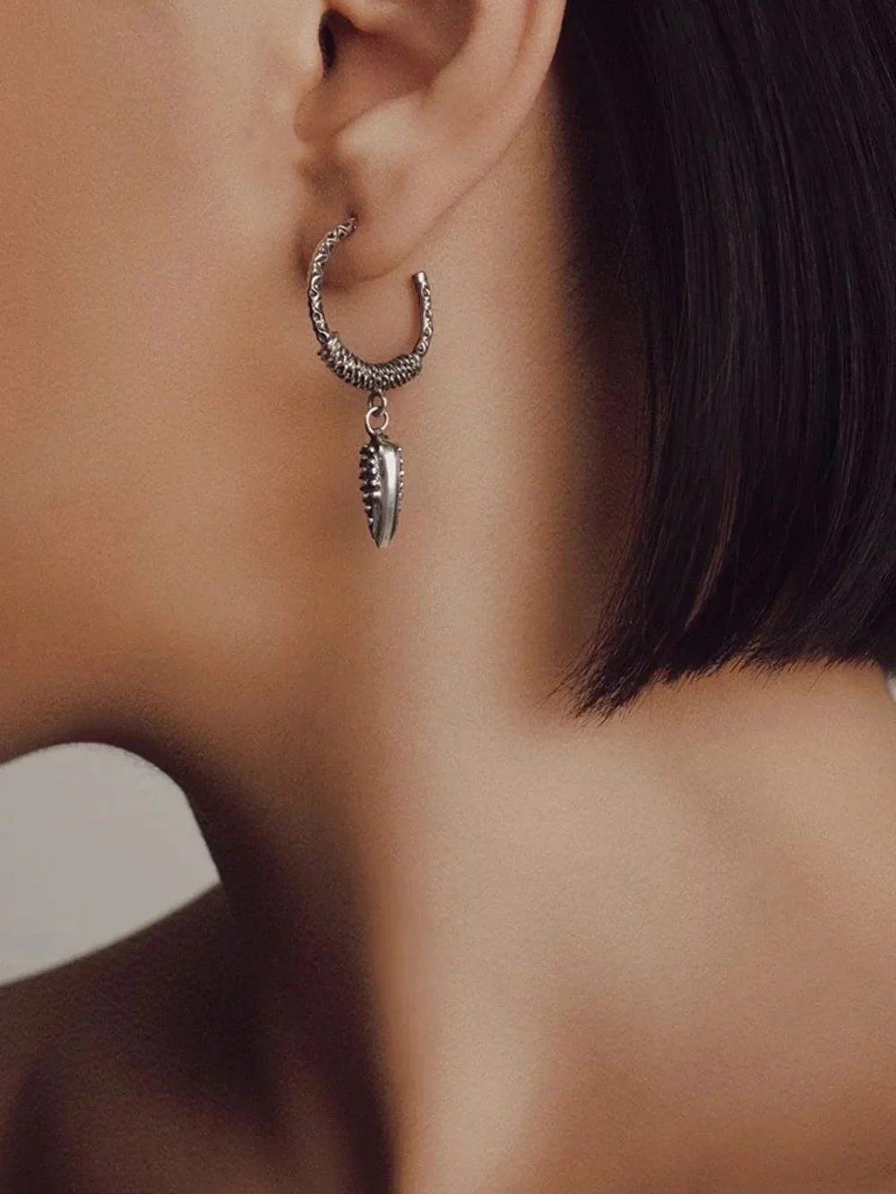 PREGOMESH “GRAIN” Silver Earrings Textured Hoop Earrings with Drop Charm